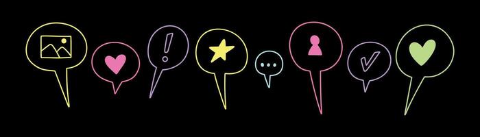 Colorful cute line doodle kid dialog bubbles. School childish text speech box. Social media reaction, like, follow symbols. Neon acid hand drawn elements. Crayon scribble vector