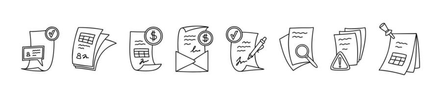 Line art doodle cv icon set. Resume, job application, signing work contract, personnel search and recruitment, registration form, business document, biography and application concept vector