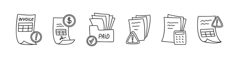 Line doodle over due payment icon set. Late pay invoice, expired deadline, failed money transfer notification, error sign, delivery delay, unpaid bill, warning mail document sketch illustration vector