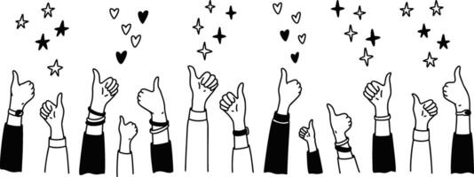 Raising hands with thumb up doodle background. Positive reaction for social media post, live stream, book, online shopping experience. Handwriting falling stars, bling, sparks, glitter, hearts. vector