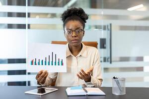 Businesswoman holding graph chart discussing financial performance during call. Professional using remote communication for business presentation. Modern office setting with technology tools. photo