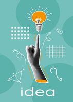 Trendy Poster Collage with Hand, Lightbulb, School Icons, Modern font. Modern Banner design of website, programming, online lessons, idea. Illustration Concept with simple elements and icons. vector