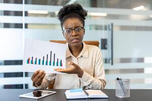 Businesswoman holding graph explaining data during call in office. Woman wears glasses and looks at camera while presenting. Tablet and open book on desk. Professional presentation concept. photo