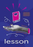 Trendy Poster Collage with Hand, bright Book, School Icons, Modern font. Modern Banner design of website, programming, online lessons, idea. Illustration Concept with simple elements, icons. vector