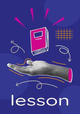 Trendy Poster Collage with Hand, bright Book, School Icons, Modern font. Modern Banner design of website, programming, online lessons, idea. Illustration Concept with simple elements, icons.