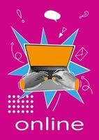 Trendy Poster Collage with Hand, Computer, School Icons, Modern font. Modern Banner design of website, programming, online lessons, idea. Illustration Concept with simple elements and icons. vector