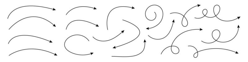 Collection of curved arrows. Set simple curved hand drawn arrows. vector