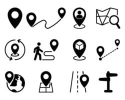 Map pin location flat icon set. direction, route, navigation, distance, path, tracking, pointer, destination, positioning, street board, map pin illustration in white background. vector