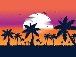 Evening on the beach with palm trees, Colorful picture for rest. Blue palm trees at sunset. Orange sunset in the blue and purple sky. illustration vector