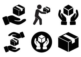 Package label icons handle with care, hand, delivery, cardboard box, Delivery and shipping label. fragile, parcel, careful, warning, pick up, stamp, sticker, illustration eps 10. vector