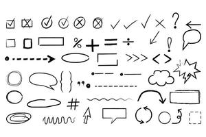 chalked arrows and frames set, Hand drawn black charcoal symbols, curved arrows, swirls, crosses, circles and check, Group of chalked arrows and frames. doodle marker drawing. vector
