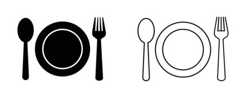 Fork, knife, spoon and plate set in flat or outline icons, Dinner service collection. Plate, fork and knife for apps and websites. Logotype tableware illustration. vector