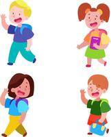 Primary school students communicate and smile as they go. Children with school backpacks greet and greet each other with gestures Boys and girls. illustration vector