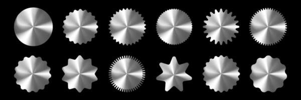 A set of shiny silver holographic circles with varying sizes and shapes. The circles are arranged in a row and appear to be metallic vector