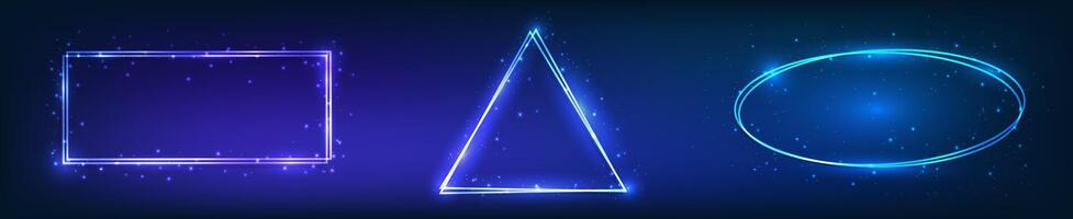 Set of three neon double frames with shining effects vector