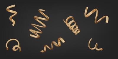 3D golden spiral confetti set. Festive serpentine ribbon for birthday party, Happy New Year and surprise concept. Render illustration, realistic elements isolated on black background vector