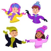 Set of happy children in bright winter clothes. illustration. vector