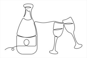 Wine bottle continuous one line art drawing of design outline illustration vector