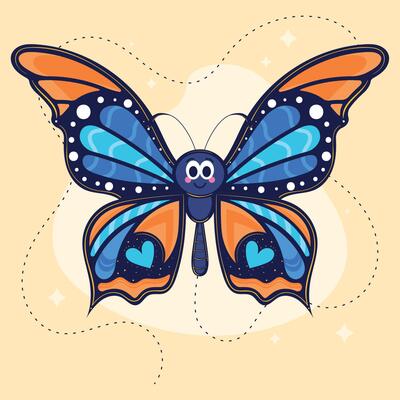 Colorful blue and orange butterfly with smiling face