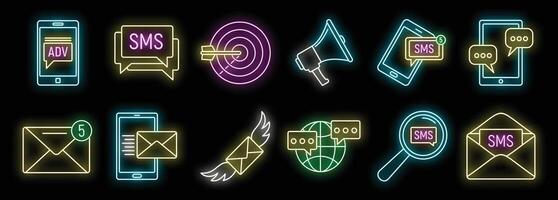 Neon icon set showing concepts of marketing and advertising with sms and e mail vector
