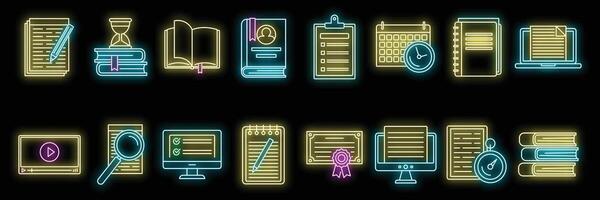 Set of neon icons for education, studying, reading, writing and time management vector