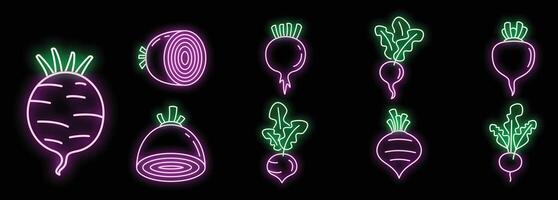 Neon icon set showing beetroots with and without leaves, whole and halved vector