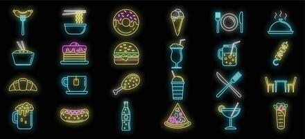 Set of colorful neon light glowing on black background food and drink icon vector