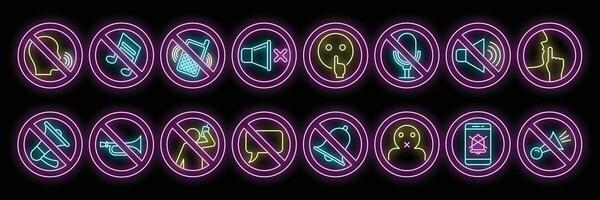 Neon no sound and noise prohibition signs set with editable stroke vector