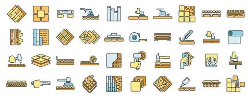 Construction workers laying tiles and wood panels icon set vector