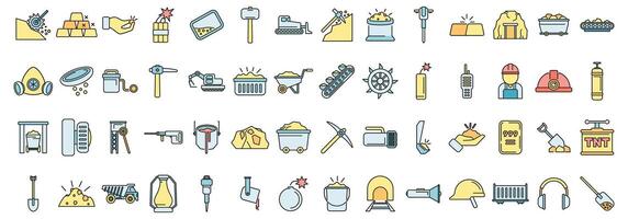 Gold mining and ore extraction icons showing equipment and workers vector