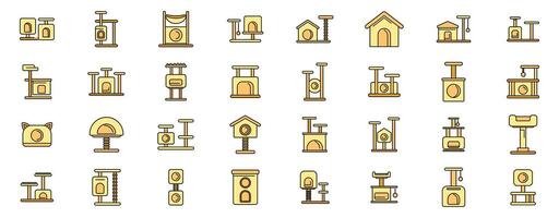 Large set of cat trees and scratching posts with hammocks and houses icons vector