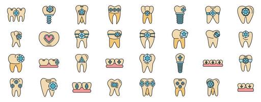 Set of colored linear icons of tooth gems, grillz, implants and other teeth jewelry vector