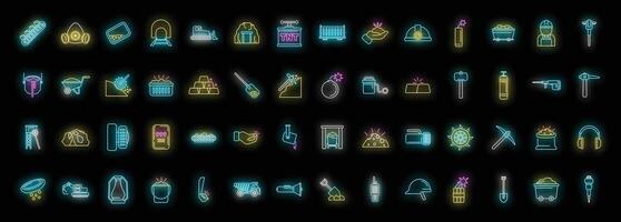 Gold mining industry icons set, miner working process and equipment neon style vector