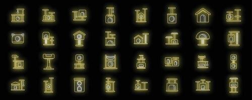 Set of cat trees and scratching posts glowing neon icons vector