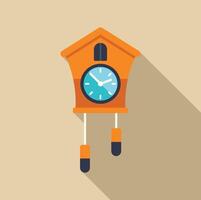 Orange cuckoo clock hanging on wall showing time with long shadow vector