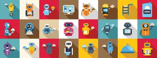 Robot waiter icons set. Restaurant robots serving food holding trays and platters icon set vector