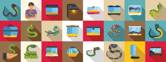 Snake pet icons set. Man holding snake in hands with terrarium and accessories icons set flat vector illustration