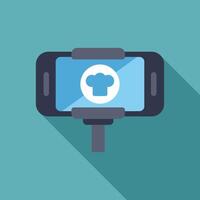 Smartphone displaying chef hat icon mounted on tripod, capturing culinary content vector