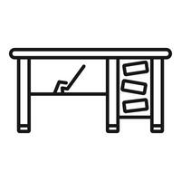 Office desk with laptop standing on it and documents hanging on side panel vector