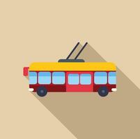 Red trolleybus driving with open doors in flat design with long shadow vector