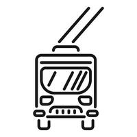 Front view of trolleybus driving with trolley poles up line art icon vector