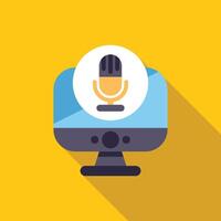 Desktop computer displaying microphone icon for podcasting and streaming vector