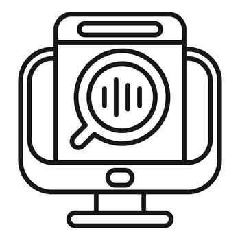 Computer showing magnifying glass analyzing bar chart icon vector