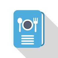Blue cookbook icon depicting spoon, plate and fork with long shadow vector