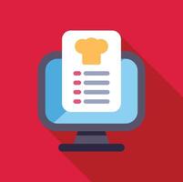 Online menu displaying on computer screen with chef hat icon, ordering food online concept vector