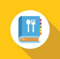 Blue cookbook featuring spoon and fork on cover over yellow background vector