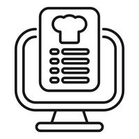 Computer showing online menu with chef hat icon lineart icon vector