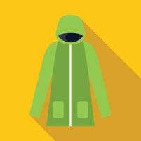 Green winter jacket with hood protecting from cold weather flat design icon vector