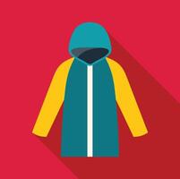 Blue and yellow winter jacket icon with long shadow on red background vector