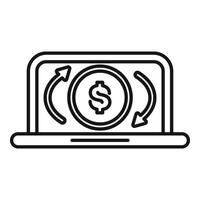 Laptop showing money transfer with two arrows around dollar coin vector